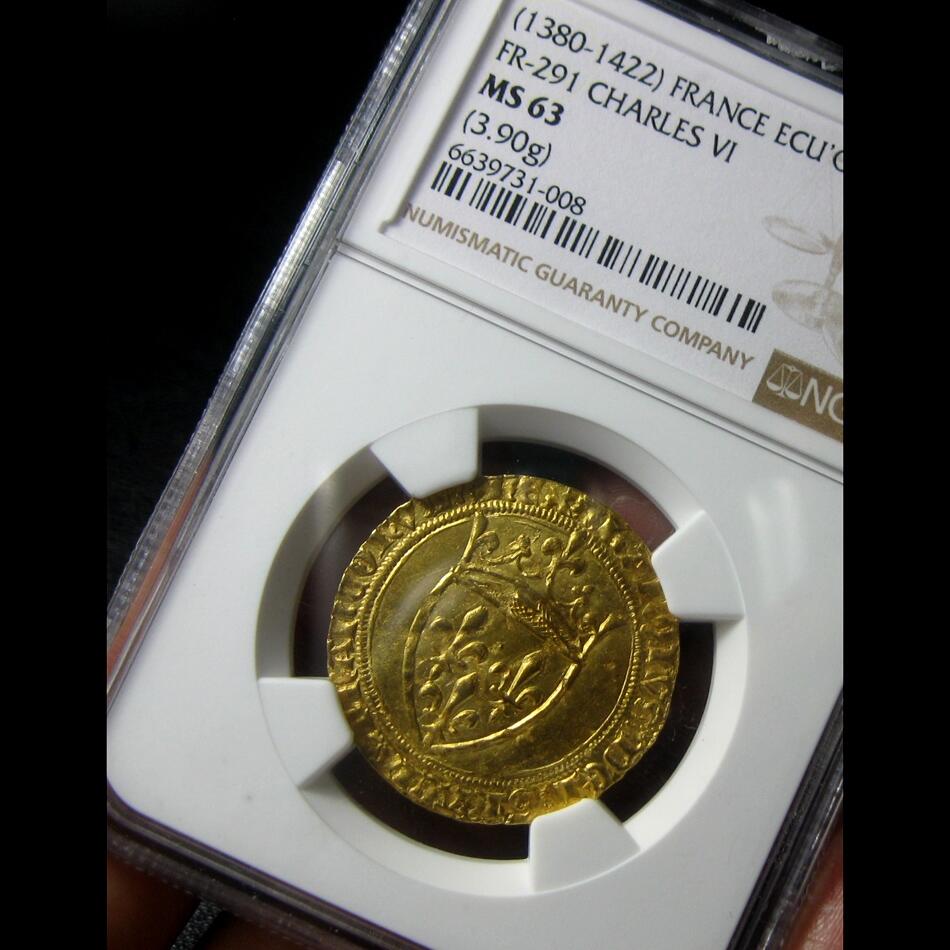 NGC-MS63英法百年战争-法国查理六世金埃居金币,1380-1422年，28mm,3.90g,中世纪金币