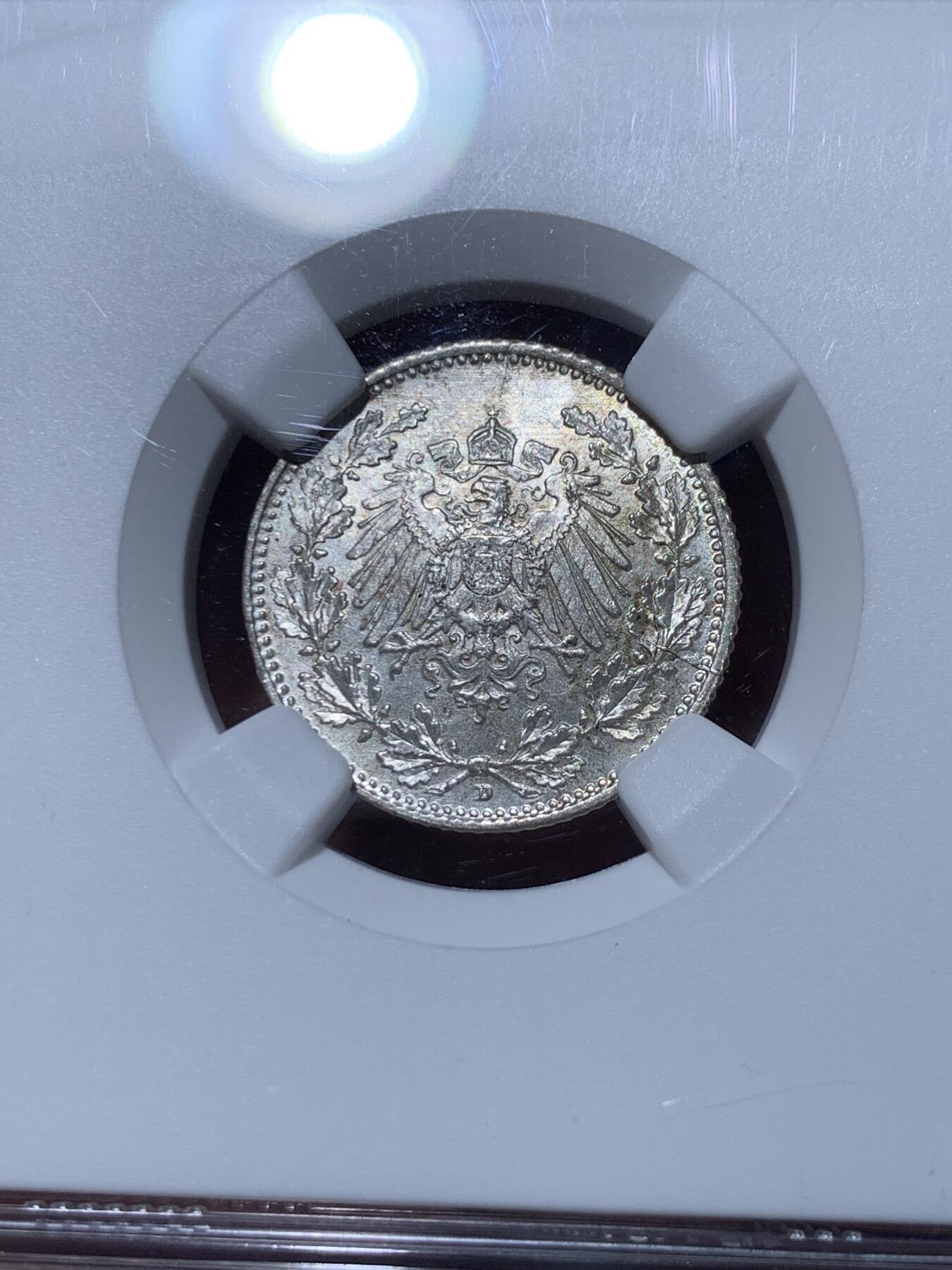 《竞宝斋》第363场 周日，周一，周二  3场连拍 （全场包邮） NGC MS67 德国1918 D版 1/2马克银币