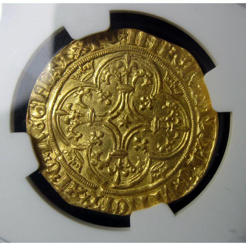 NGC-MS62英法百年战争-法国查理六世金埃居金币,1380-1422年28mm,3.61g,中世纪金币