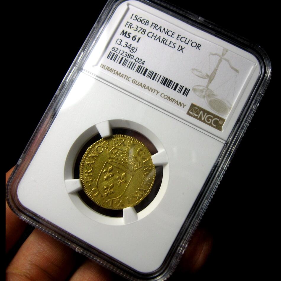 NGC-MS61法国金币，少见法国查理IX世金埃居，24mm3.34g,NGC评级