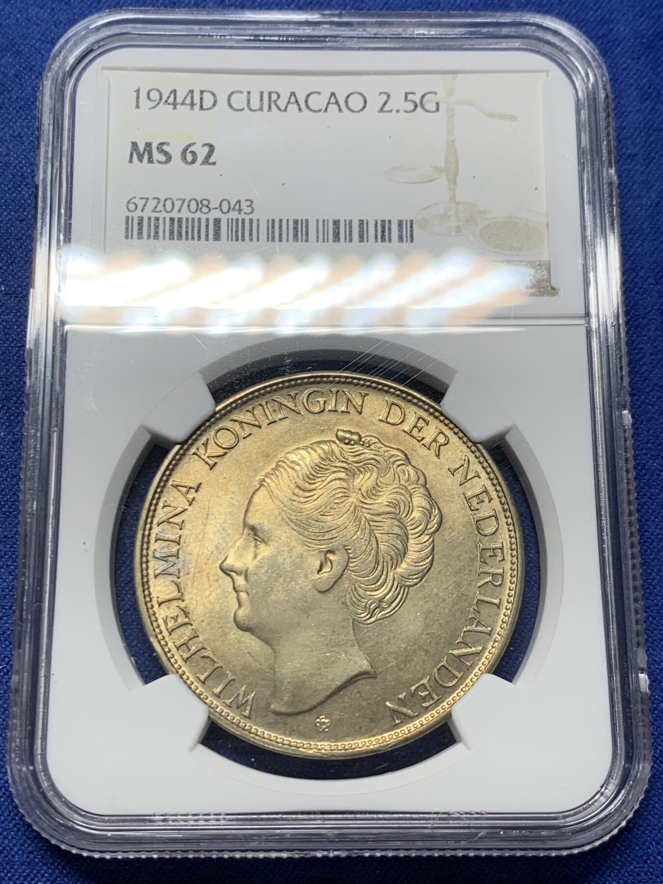 《竞宝斋》第363场 周日，周一，周二  3场连拍 （全场包邮） NGC MS62 荷兰库拉索1944年威廉敏娜女王2.5盾大银币 满黄油包浆漂亮