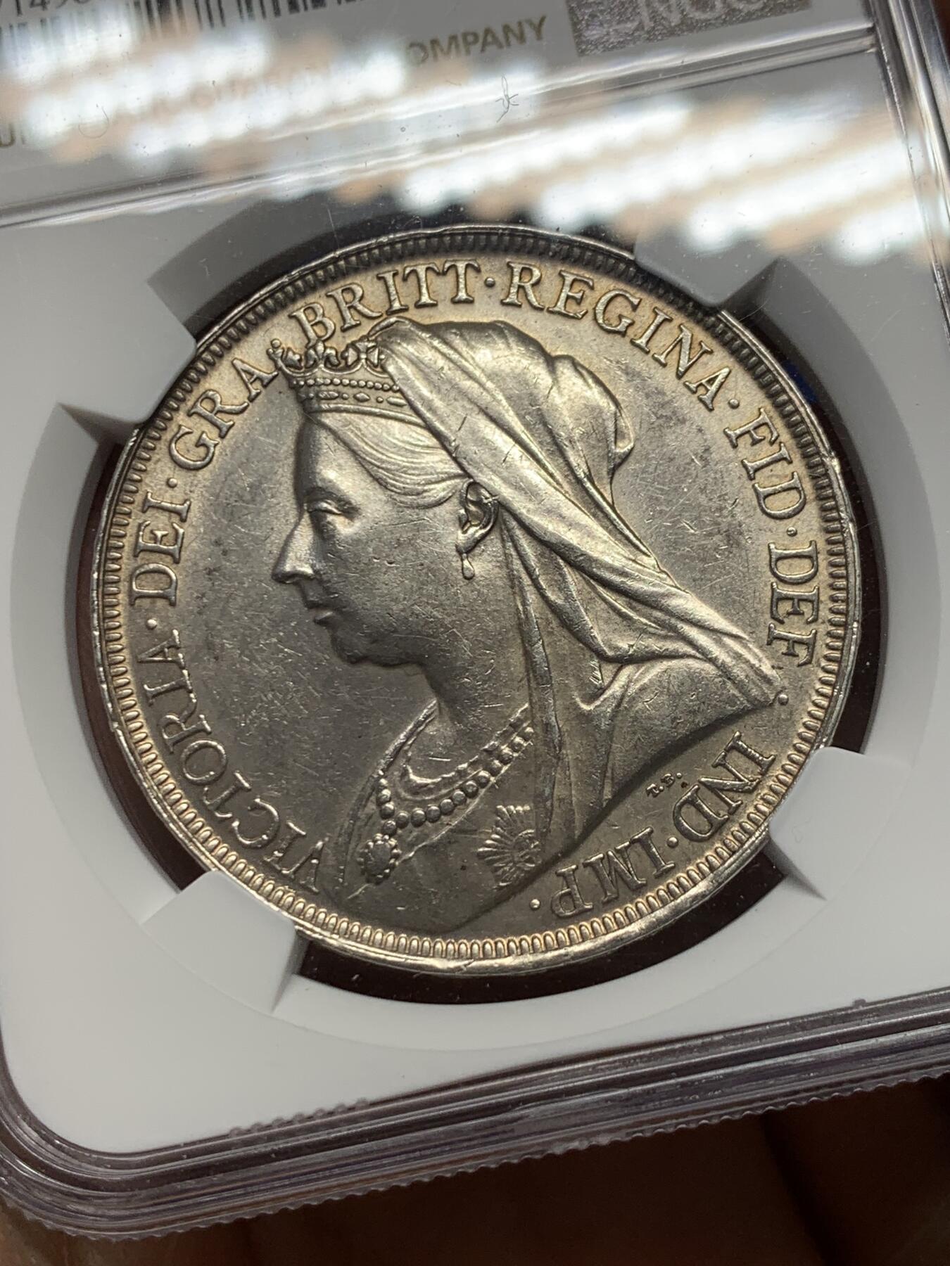 《竞宝斋》第363场 周日，周一，周二  3场连拍 （全场包邮） NGC UNCD 英国1895年维多利亚披纱1克朗马剑银币 原光少见