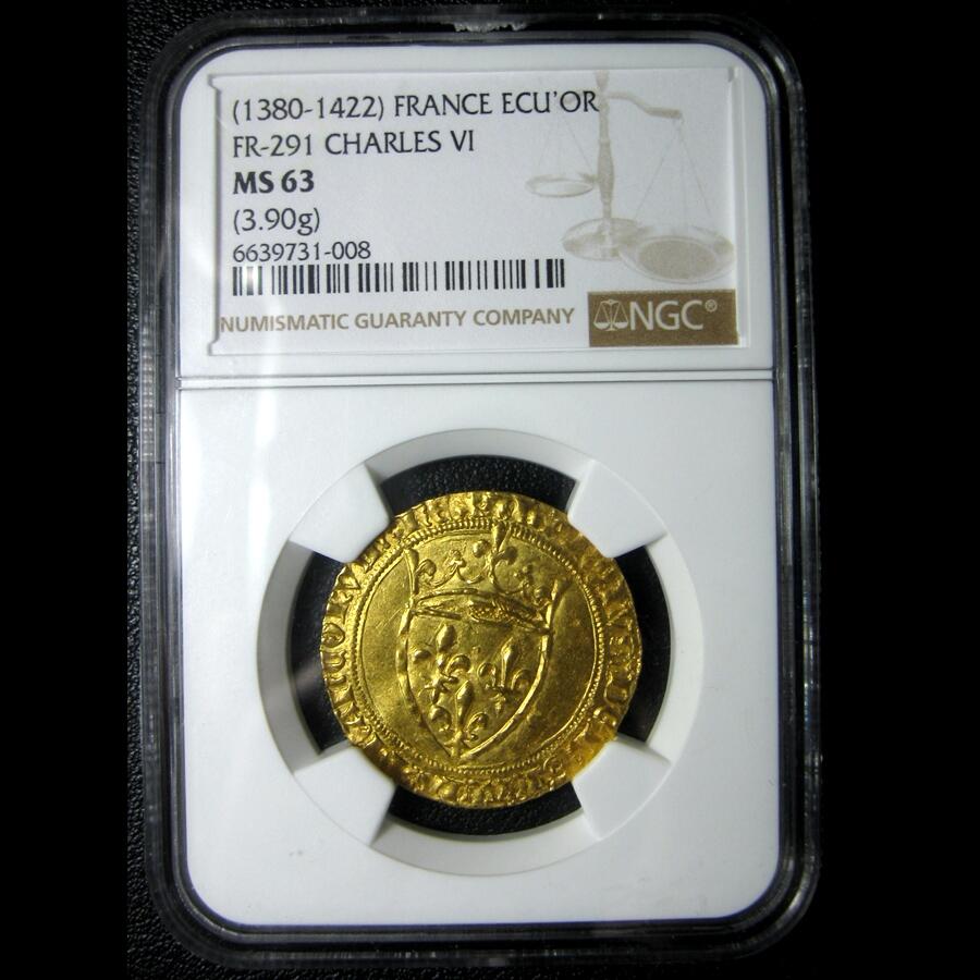 NGC-MS63英法百年战争-法国查理六世金埃居金币,1380-1422年，28mm,3.90g,中世纪金币