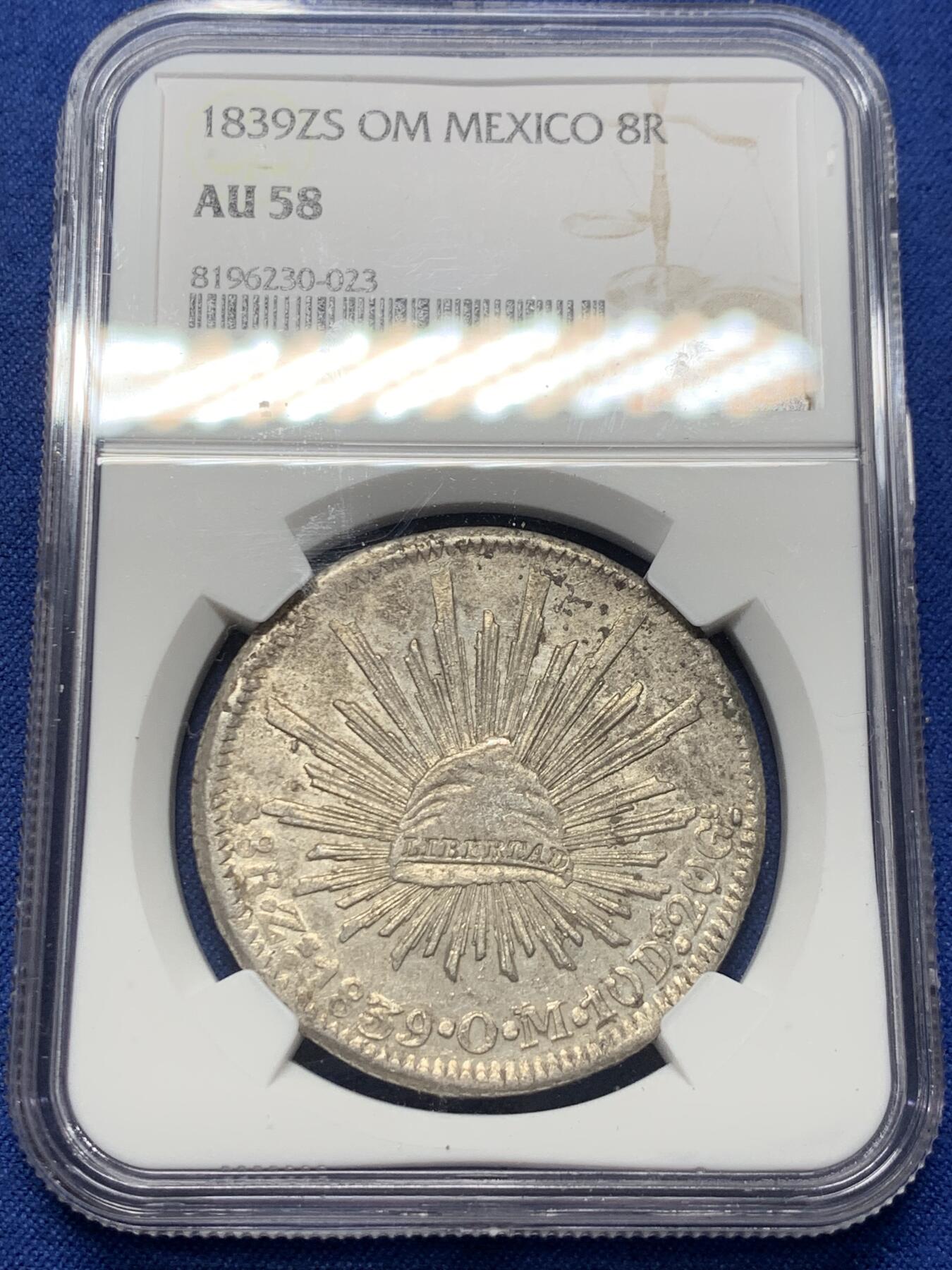 《竞宝斋》第363场 周日，周一，周二  3场连拍 （全场包邮） NGC AU58 墨西哥1839年8R鹰洋 早期鹰洋ZS厂出分不易