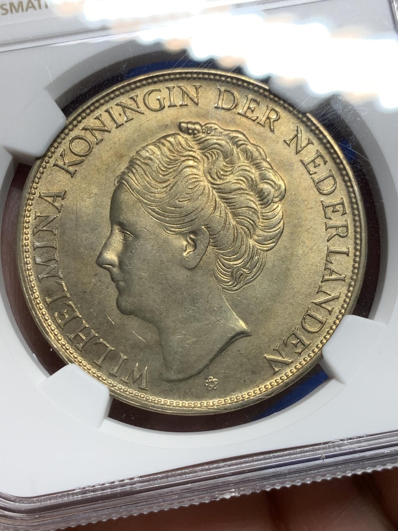 《竞宝斋》第363场 周日，周一，周二  3场连拍 （全场包邮） NGC MS62 荷兰库拉索1944年威廉敏娜女王2.5盾大银币 满黄油包浆漂亮