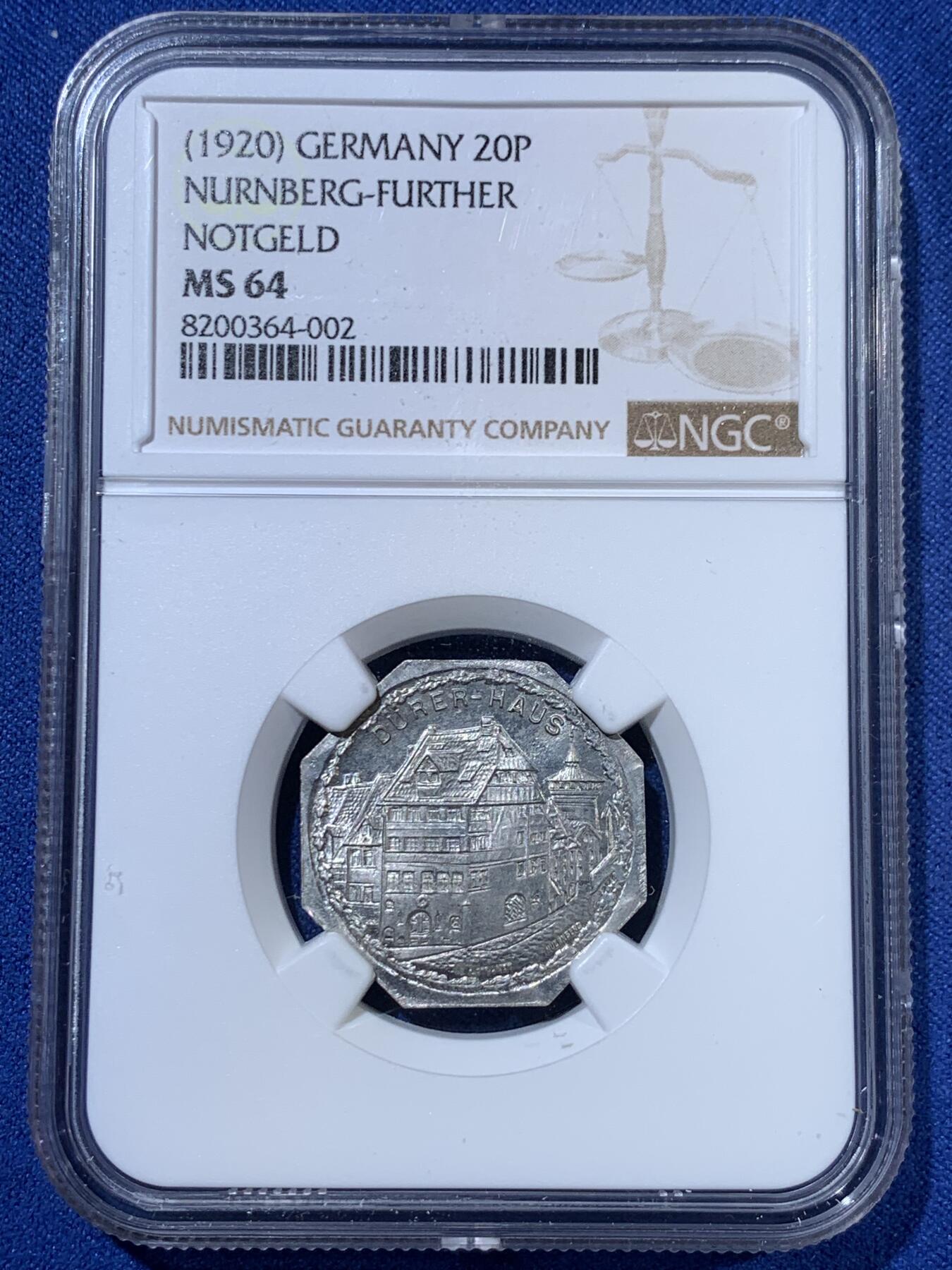 《竞宝斋》第363场 周日，周一，周二  3场连拍 （全场包邮） NGC MS64 德国1920年紧急状态时期纽伦堡20芬尼 景观系列