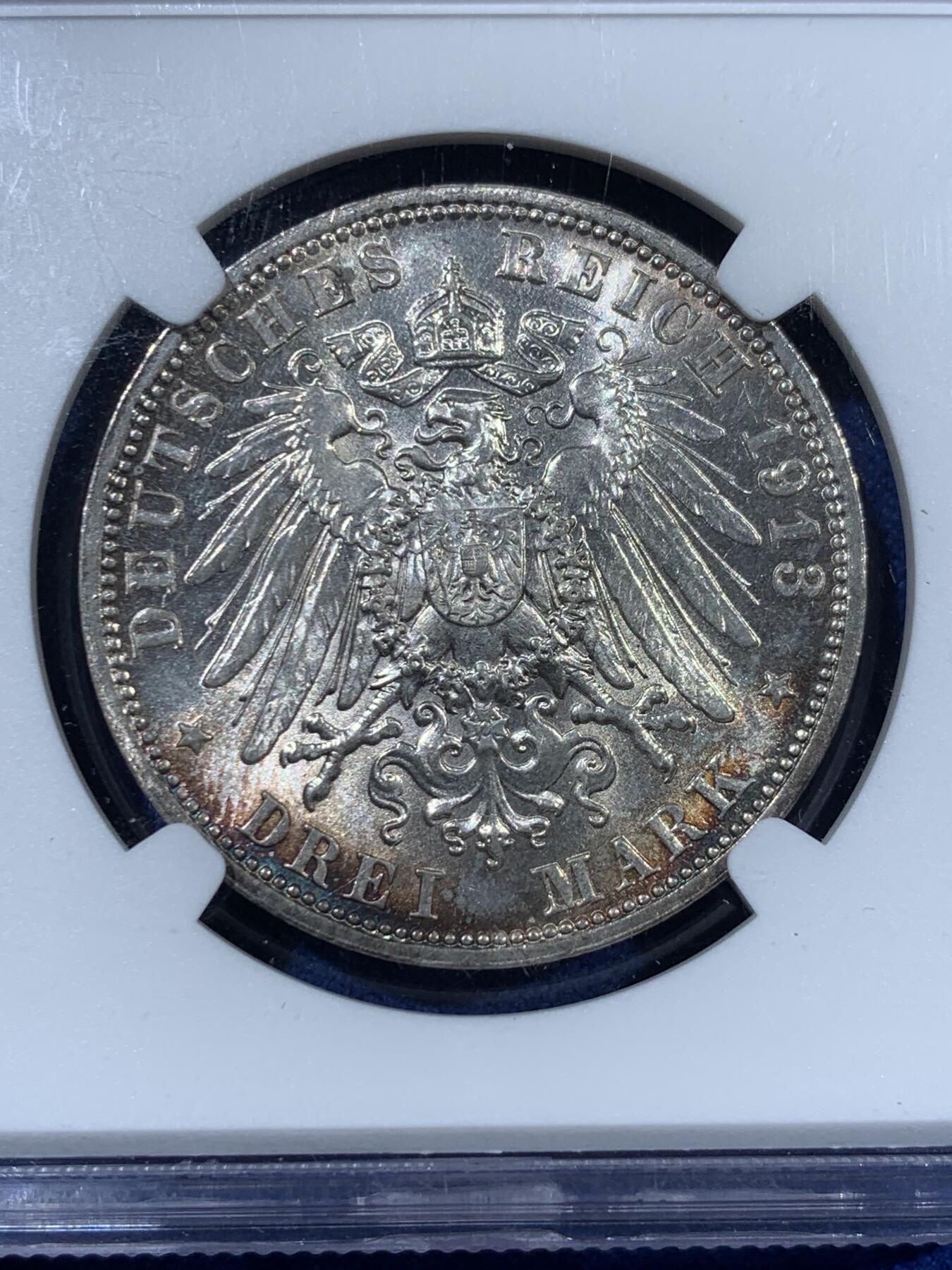 《竞宝斋》第363场 周日，周一，周二  3场连拍 （全场包邮） NGC MS62 德国1913年E版莱比锡战争百年纪念碑3马克银币 转光老欧洲环五彩