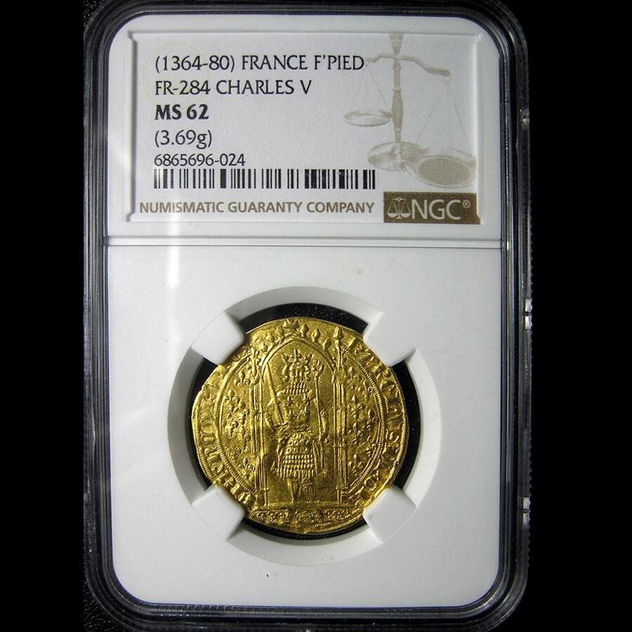 NGC-MS62英法百年战争-法国查理五世金埃居,1364-1380年，3.69g,中世纪金币