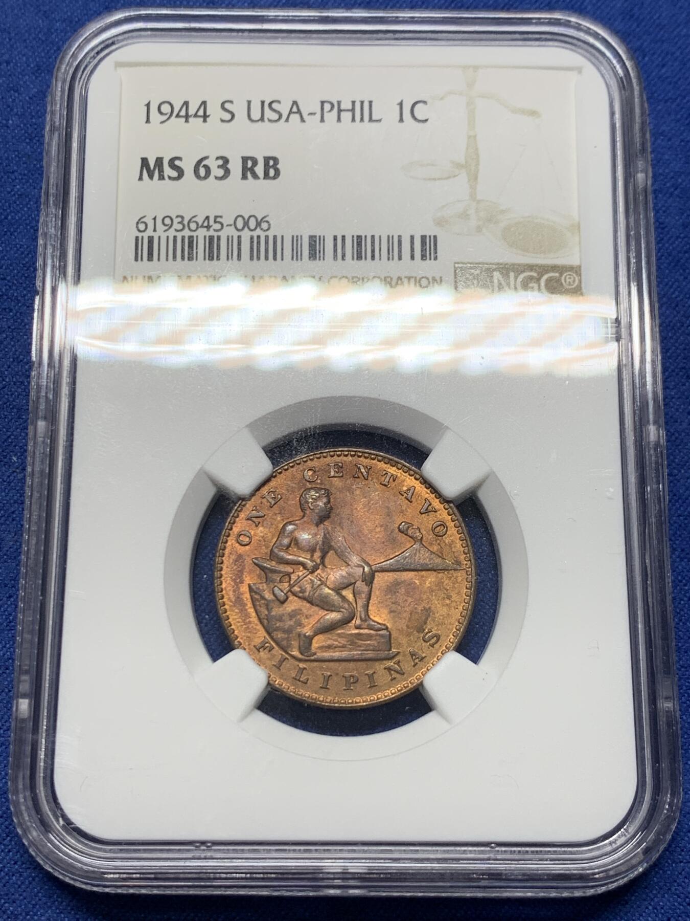 《竞宝斋》第363场 周日，周一，周二  3场连拍 （全场包邮） NGC MS63RB 美属菲律宾 1944年 1分铜币