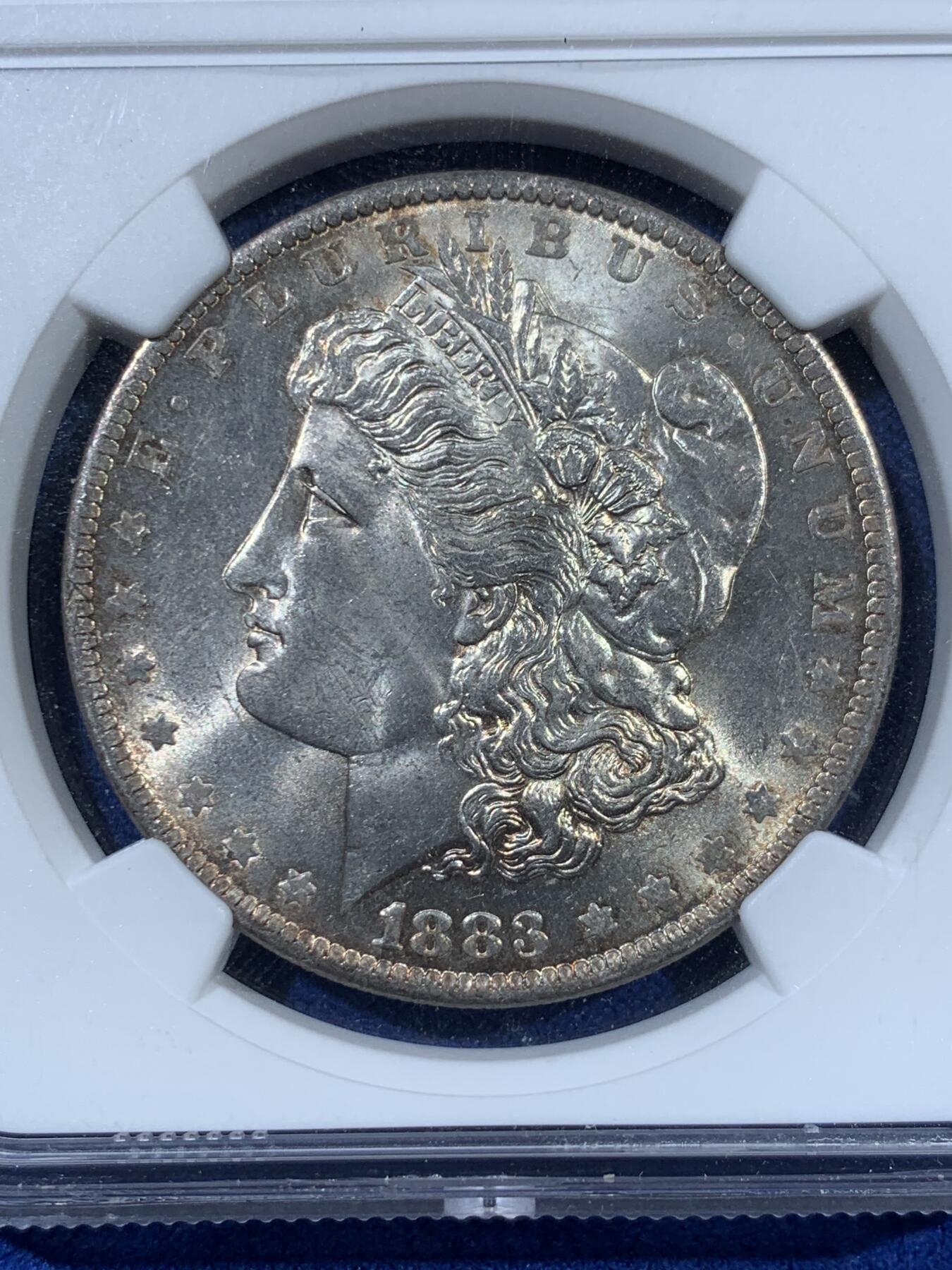 《竞宝斋》第363场 周日，周一，周二  3场连拍 （全场包邮） NGC MS63 美国1883O版摩根银币 正面淡黄油包浆 背面淡灰包浆