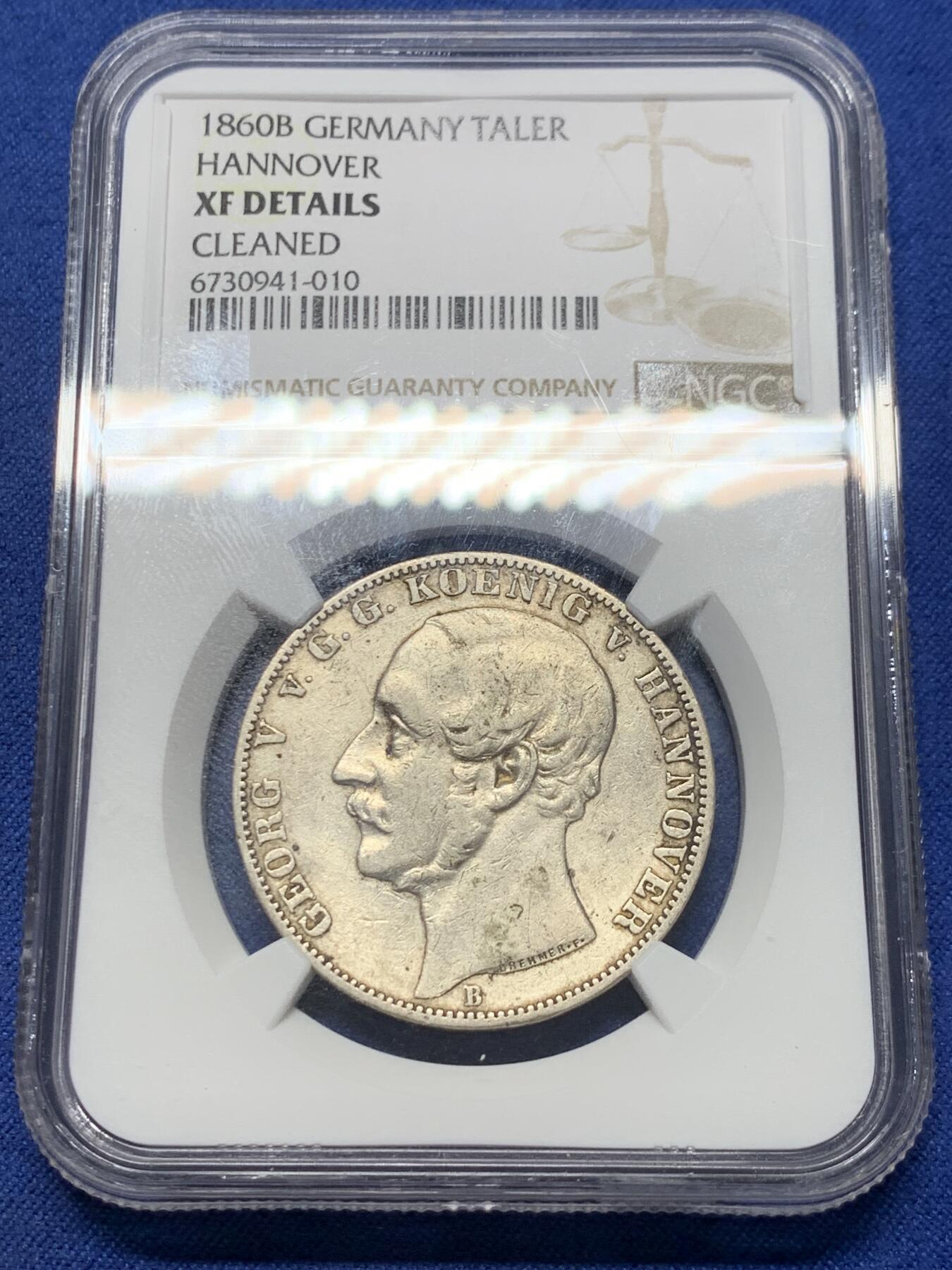 《竞宝斋》第363场 周日，周一，周二  3场连拍 （全场包邮） NGC XFD 德国1860B汉诺威王国1泰勒银币 少见年份
