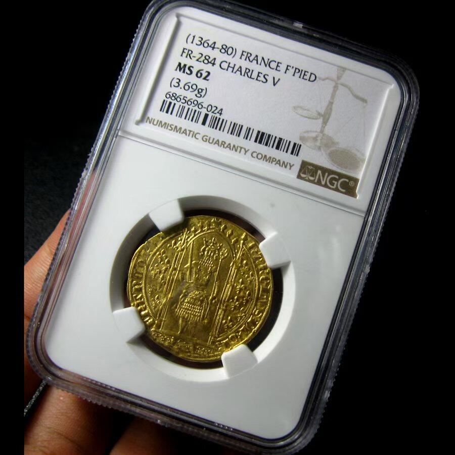 NGC-MS62英法百年战争-法国查理五世金埃居,1364-1380年，3.69g,中世纪金币