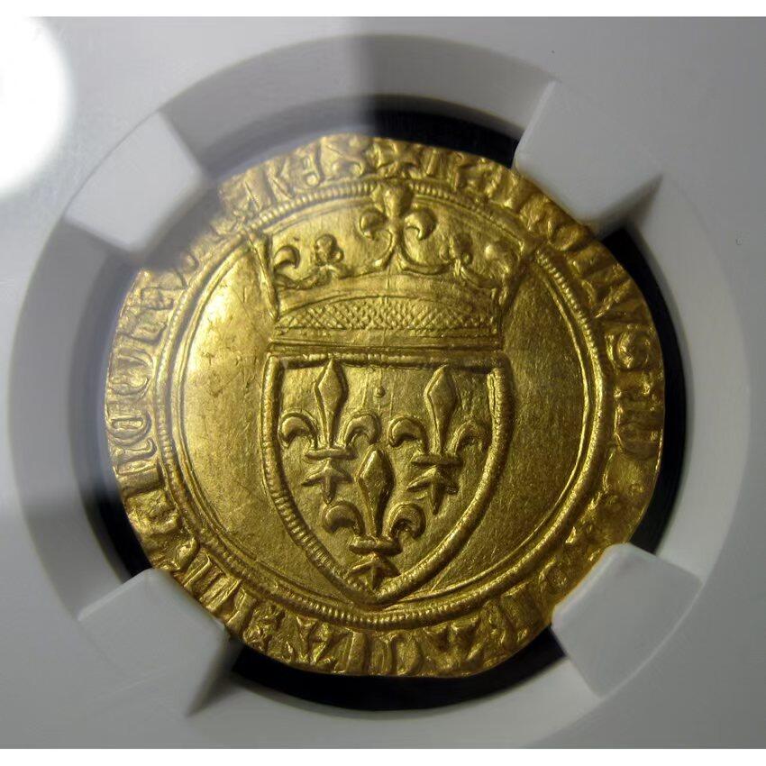 NGC-MS62英法百年战争-法国查理六世金埃居金币,1380-1422年28mm,3.61g,中世纪金币