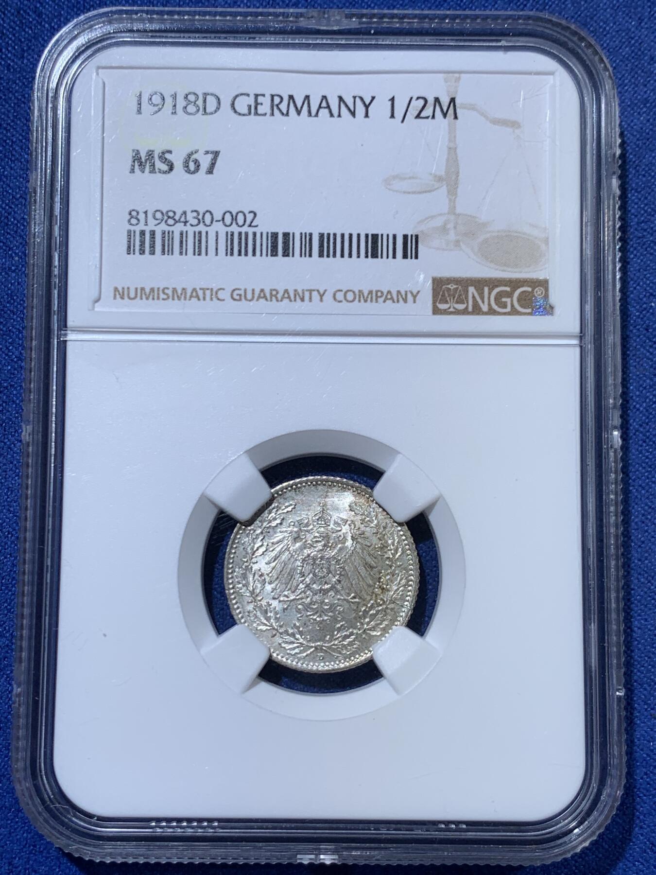 《竞宝斋》第363场 周日，周一，周二  3场连拍 （全场包邮） NGC MS67 德国1918 D版 1/2马克银币