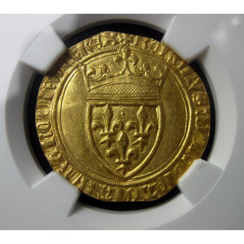 NGC-MS62英法百年战争-法国查理六世金埃居金币,1380-1422年28mm,3.61g,中世纪金币