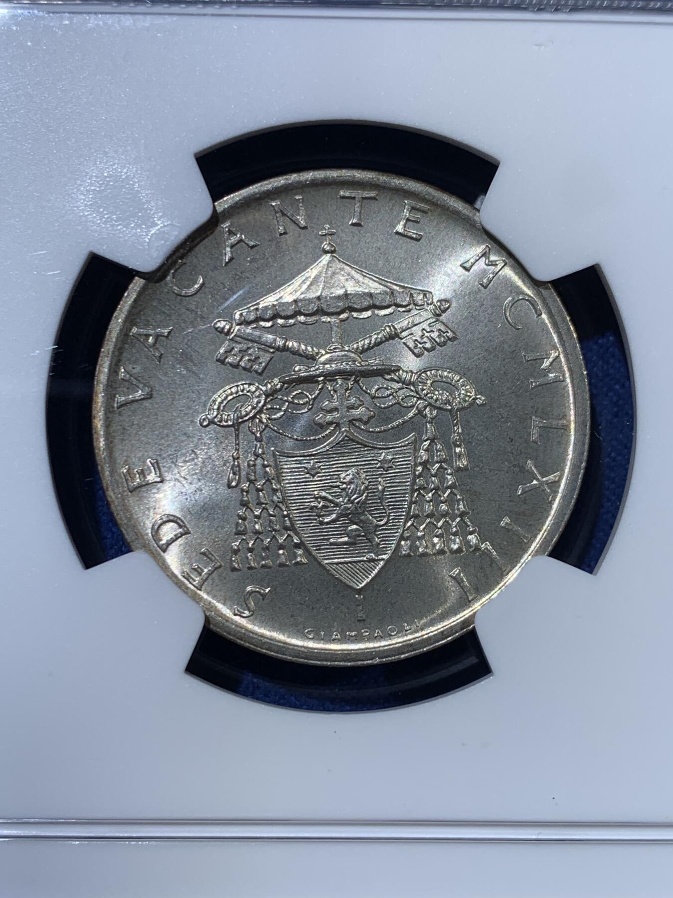 《竞宝斋》第363场 周日，周一，周二  3场连拍 （全场包邮） NGC MS66 梵蒂冈1963年教皇缺位500里拉银币 高分，一次到位