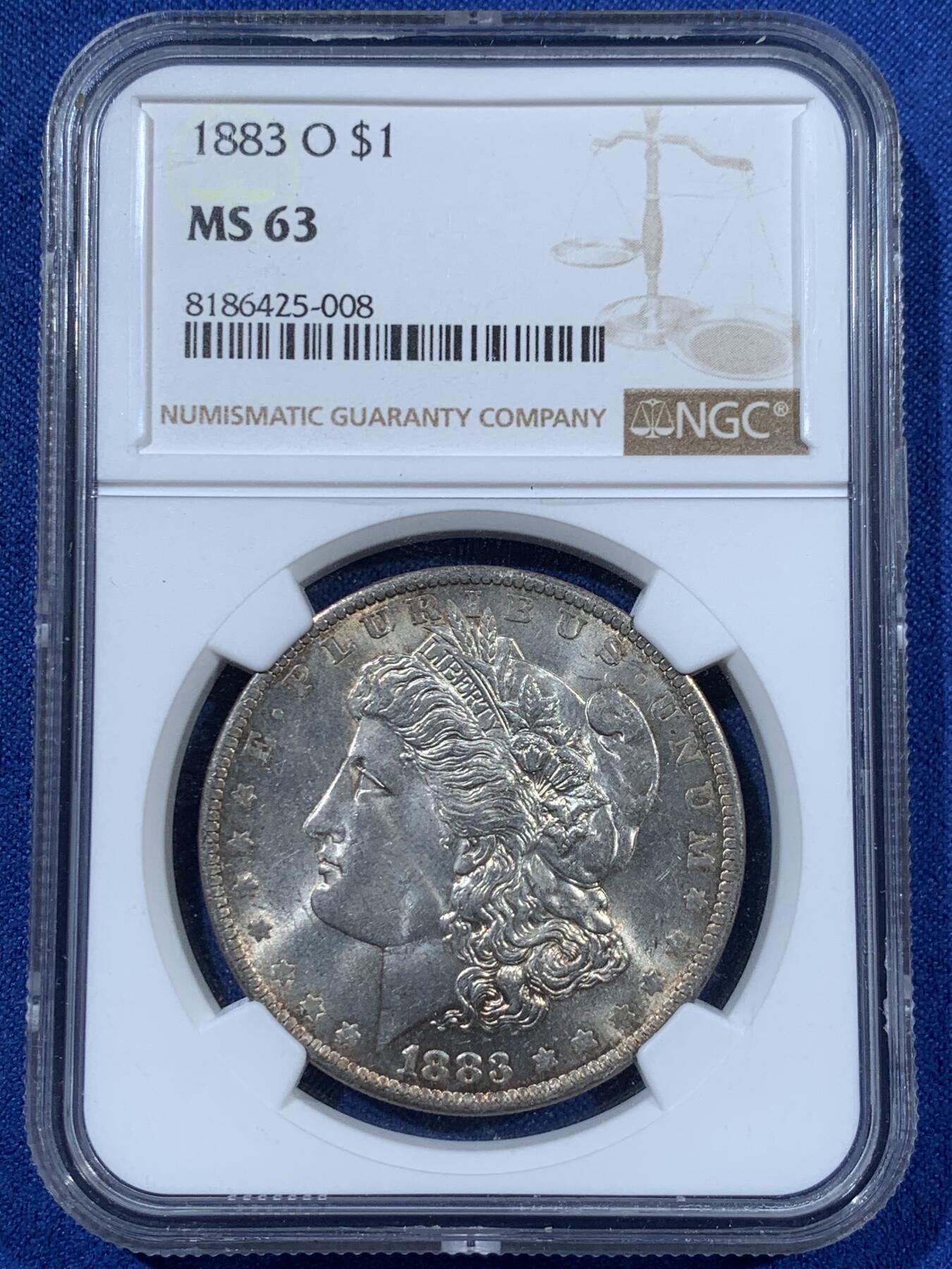 《竞宝斋》第363场 周日，周一，周二  3场连拍 （全场包邮） NGC MS63 美国1883O版摩根银币 正面淡黄油包浆 背面淡灰包浆