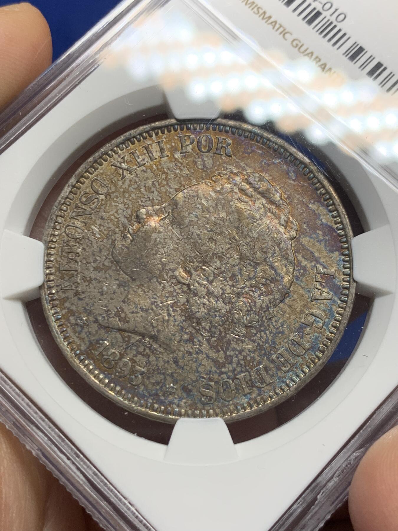 《竞宝斋》第363场 周日，周一，周二  3场连拍 （全场包邮） NGC AU 西班牙1893年爆炸头像版5比塞搭银币