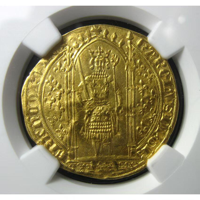 NGC-MS62英法百年战争-法国查理五世金埃居,1364-1380年，3.69g,中世纪金币