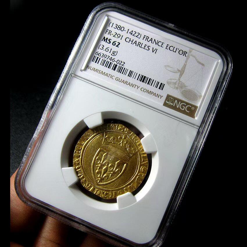 NGC-MS62英法百年战争-法国查理六世金埃居金币,1380-1422年28mm,3.61g,中世纪金币