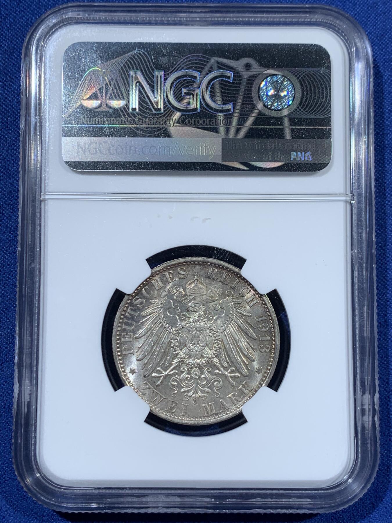 《竞宝斋》第363场 周日，周一，周二  3场连拍 （全场包邮） NGC MS64 德国 1913年 威廉二世戎装2马克银币