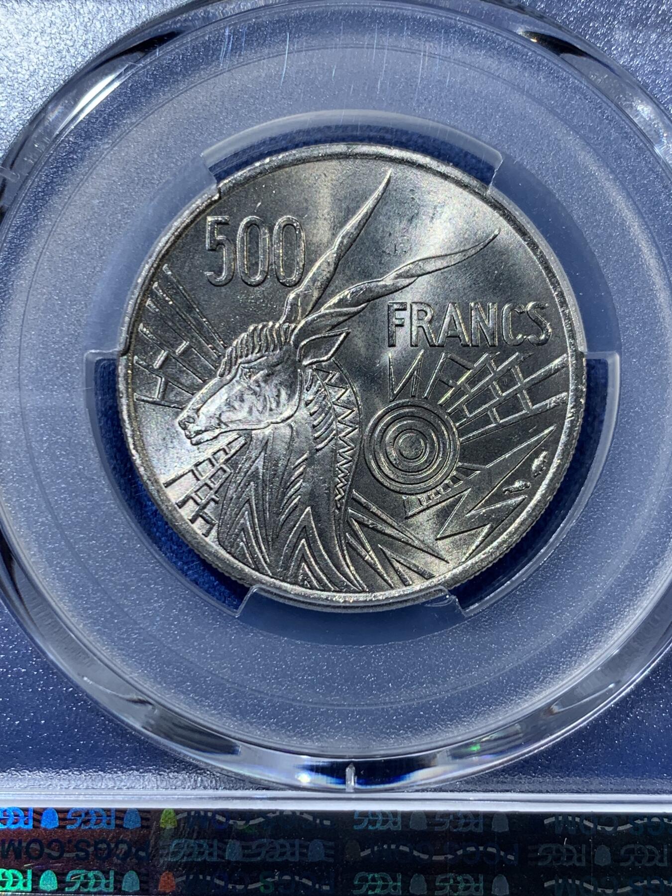 《竞宝斋》第363场 周日，周一，周二  3场连拍 （全场包邮） PCGS MS66 1976A中非500法郎镍币 卷拆品相 两面爆光 66有些低评了 这个品种大多流通品 好品难寻