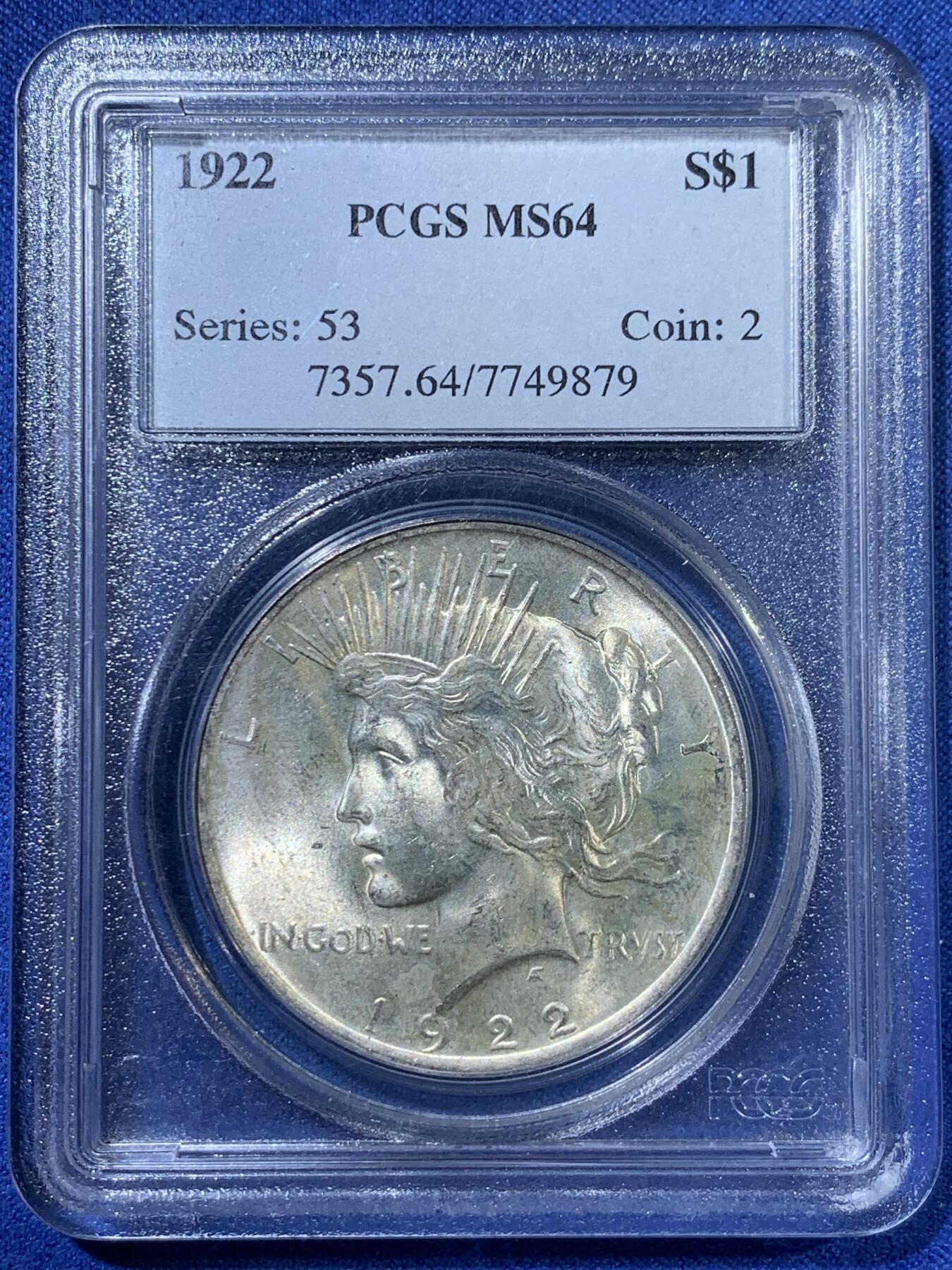 《竞宝斋》第363场 周日，周一，周二  3场连拍 （全场包邮） PCGS MS64 美国1922年和平鸽1元银币 老盒