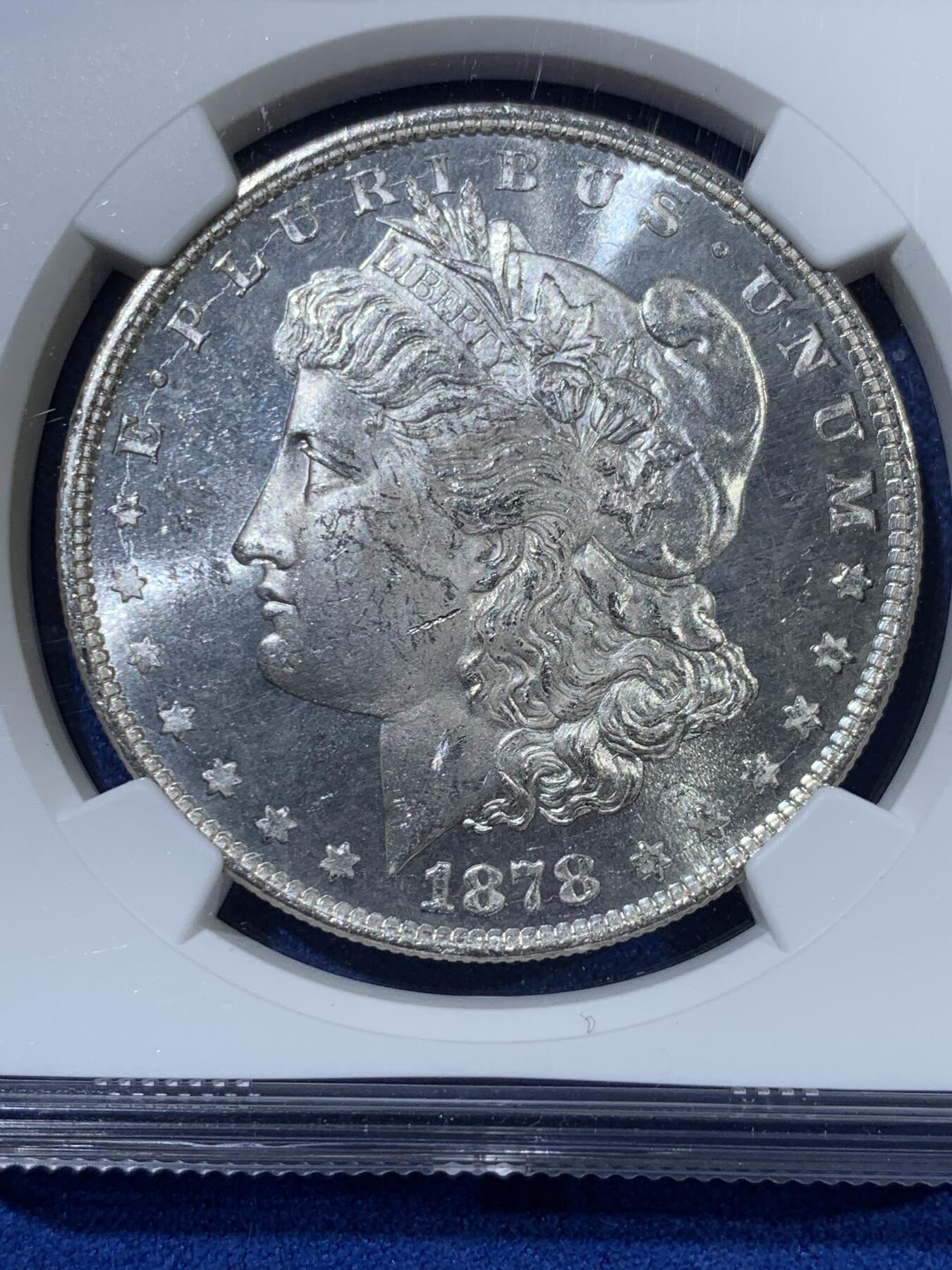 《竞宝斋》第363场 周日，周一，周二  3场连拍 （全场包邮） NGC MS62 美国1878-8TF摩根首年八羽 名誉品