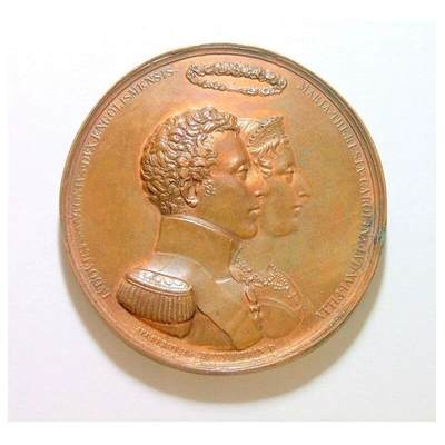 法国1799年 末代皇帝路易十九和皇后结婚高浮雕精制大铜章 带原盒 50MM - 法国1799年 末代皇帝路易十九和皇后结婚高浮雕精制大铜章 带原盒 50MM