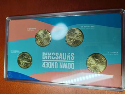 长老汇马年精选第八场拍卖 - 2022澳大利亚史前生物之扁鳍鱼龙4枚1澳元铝铜币卡装，密刻字母