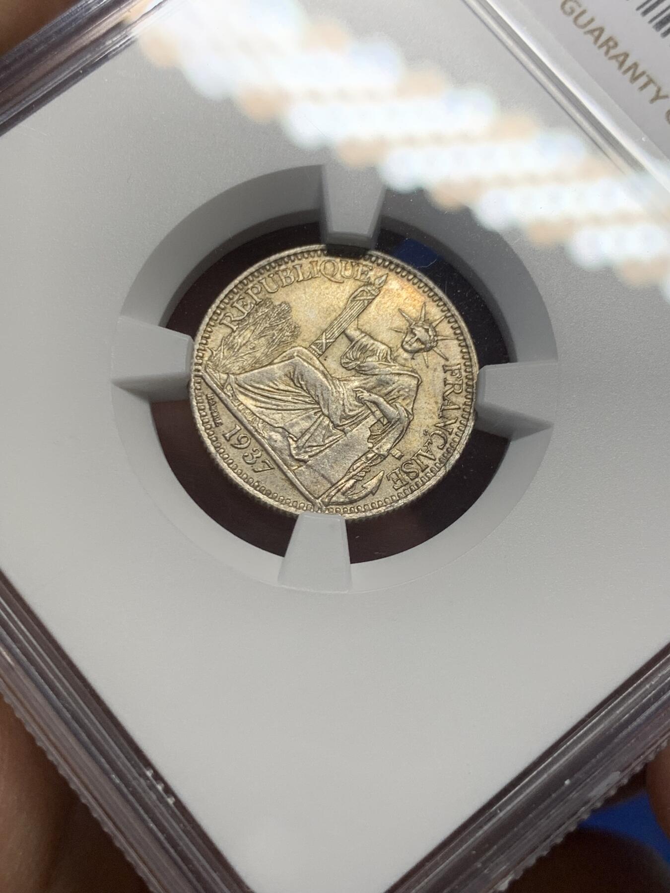 《竞宝斋》第363场 周日，周一，周二  3场连拍 （全场包邮） NGC MS62 法属印支1937年10分银币