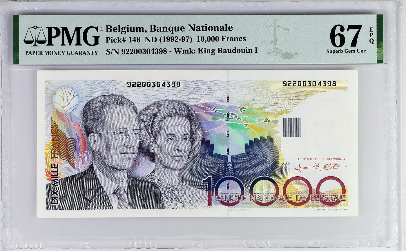 【Blue Auction】世界纸币精拍第635期【精】——16级TOP拍卖/信誉/品质/专业/高效💫 【亚军分】比利时 1992-97年10000法郎 PMG67EPQ 高分 比利时国王博杜安一世与王后法比奥拉