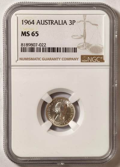 紫瑗钱币——第576期 - 澳大利亚 1964年 伊丽莎白二世 3便士 银币 NGC MS65