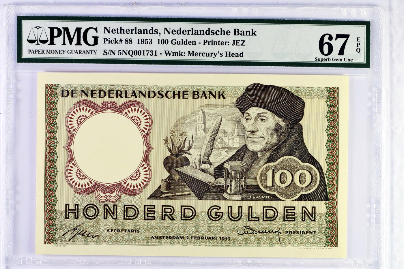 【Blue Auction】世界纸币精拍第635期【精】——16级TOP拍卖/信誉/品质/专业/高效💫   【仅1张更高分 千位小号】荷兰1953年100盾文艺复兴时期的著名神学家、哲学家伊拉斯莫PMG67EPQ 老壳高分少见 被低估的品种 该票在国外涨幅非常大 值得关注