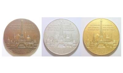 3枚套 法国1889年埃菲尔铁塔落成高浮雕精制大铜+镀银+镀金章42MM - 3枚套 法国1889年埃菲尔铁塔落成高浮雕精制大铜+镀银+镀金章42MM