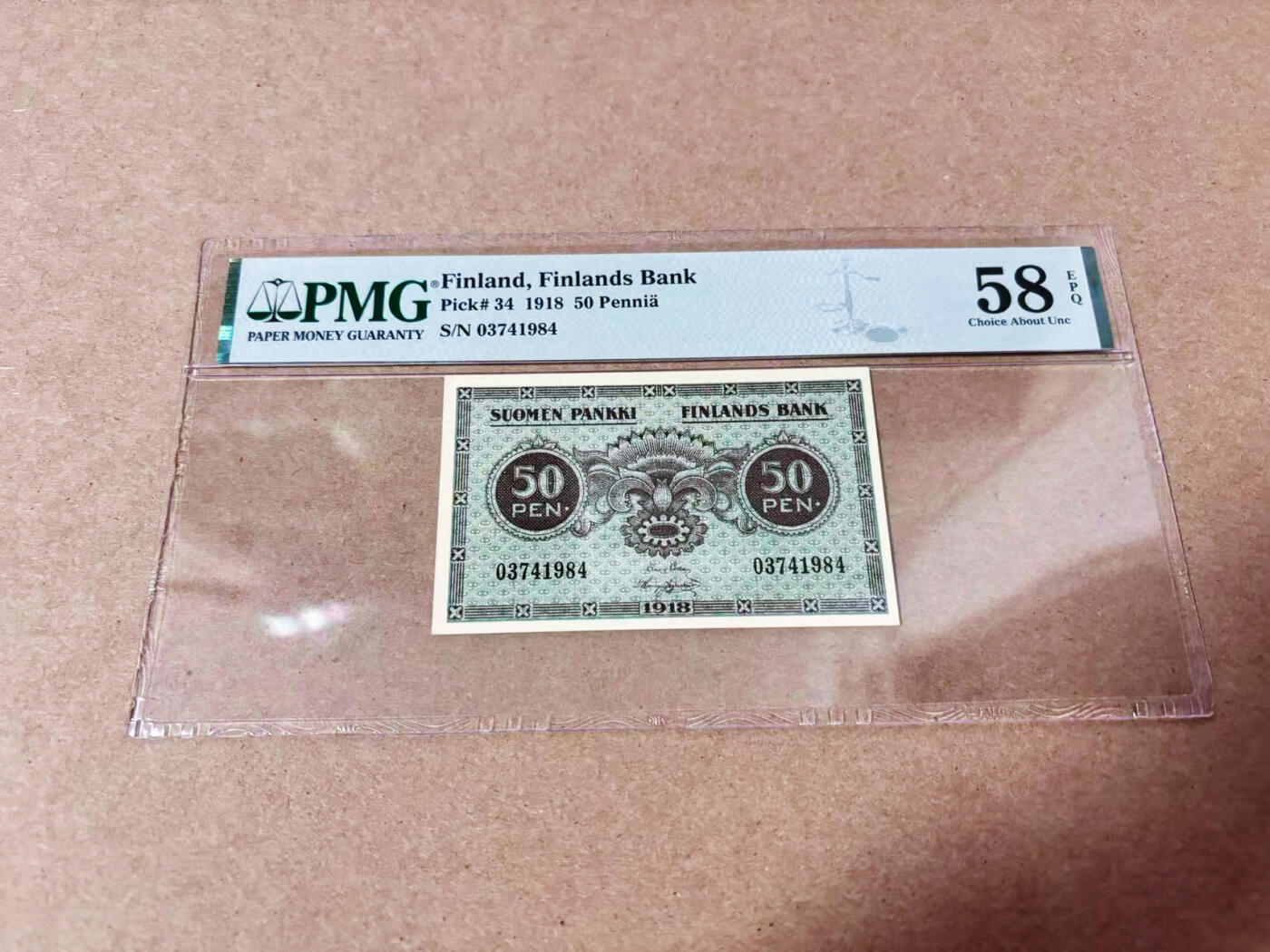 【Blue Auction】世界纸币精拍第635期【精】——16级TOP拍卖/信誉/品质/专业/高效💫 芬兰 早期 1918年50Pennia PMG58EPQ 原票