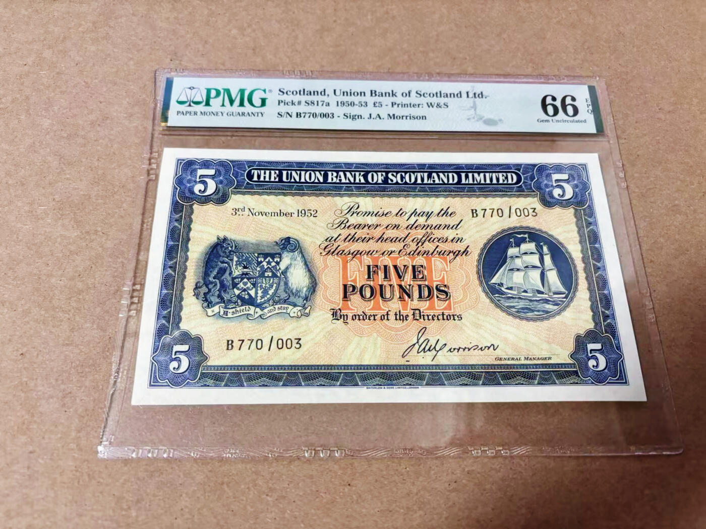 【Blue Auction】世界纸币精拍第635期【精】——16级TOP拍卖/信誉/品质/专业/高效💫 【003小号】苏格兰 1952年5镑 PMG66EPQ 大票幅 背面大场景设计精美 
