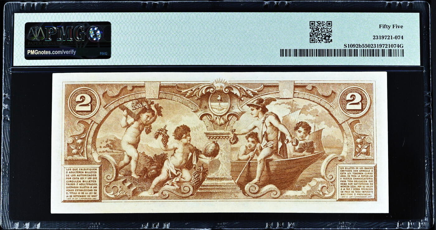 【Blue Auction】世界纸币精拍第635期【精】——16级TOP拍卖/信誉/品质/专业/高效💫 【实钞唯一冠军分 该面值非常罕见】阿根廷 早期 1891年2比索 BWC出品 正面人物为军阀洛佩斯 小天使和墨丘利 设计非常漂亮 让人爱不释手 PMG55