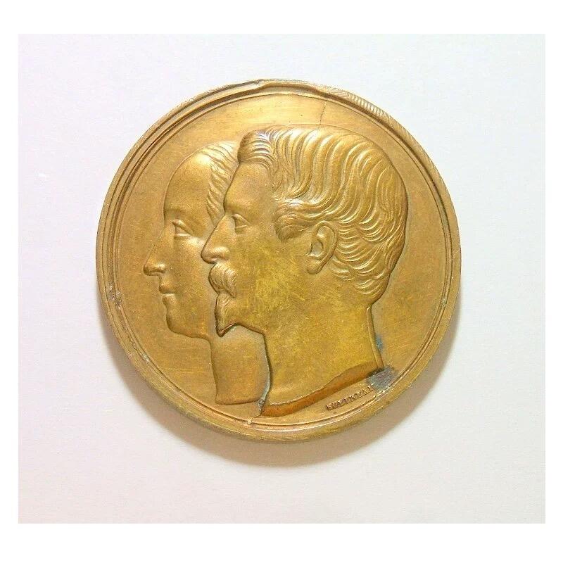 法国1853年 拿破仑三世和皇后高浮雕精制铜章 36MM
