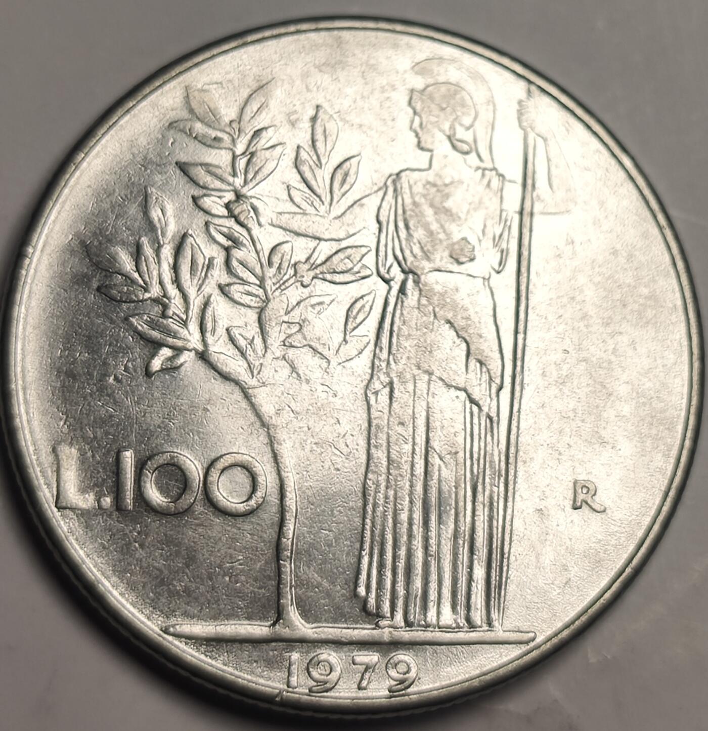 泉币菌-第10场-中外散币乐园 意大利1979年100里拉合金钢币27.8mm智慧与战争女神弥涅耳瓦