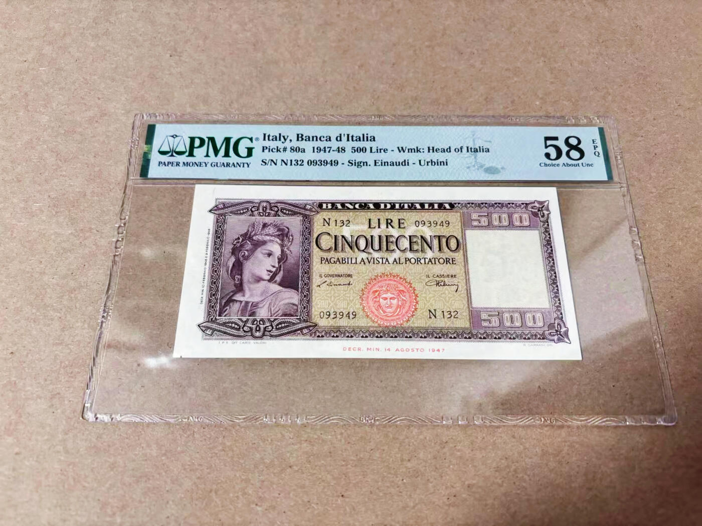 【Blue Auction】世界纸币精拍第635期【精】——16级TOP拍卖/信誉/品质/专业/高效💫 【a版】意大利 1947年500里拉 谷神 PMG58EPQ 原票 