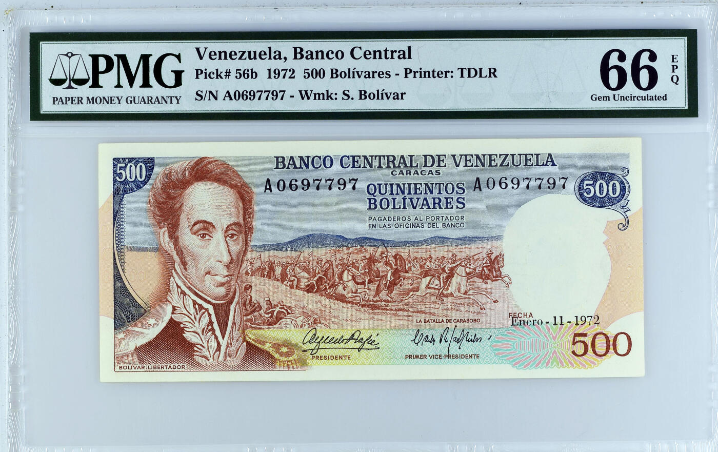 【Blue Auction】世界纸币精拍第635期【精】——16级TOP拍卖/信誉/品质/专业/高效💫 委内瑞拉 1972年500玻利维亚诺 大场景 民族英雄 备受追捧的品种 PMG66EPQ 高分少见