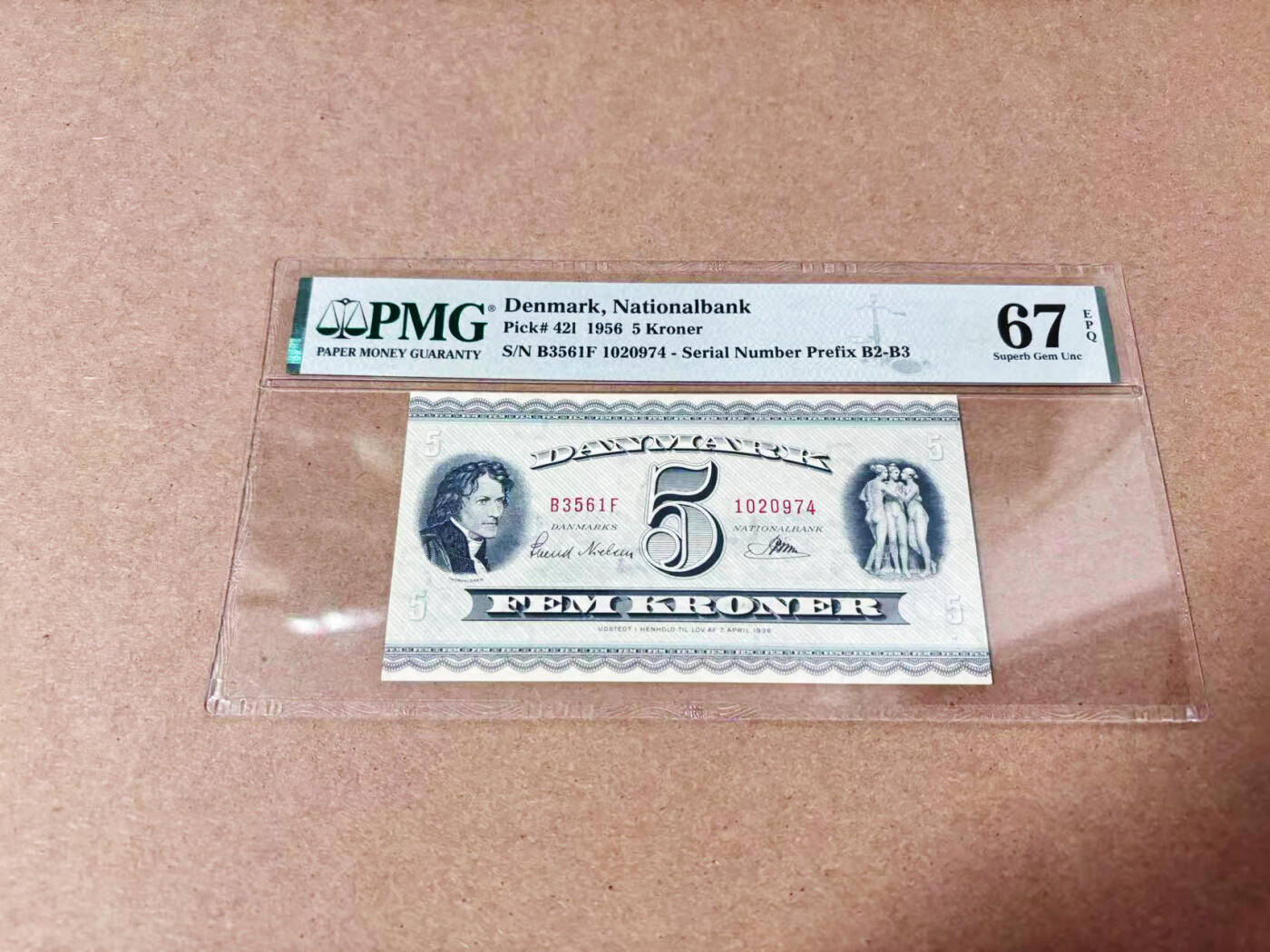 【Blue Auction】世界纸币精拍第635期【精】——16级TOP拍卖/信誉/品质/专业/高效💫 丹麦 1956年5克朗 三裸女 PMG67EPQ 高分