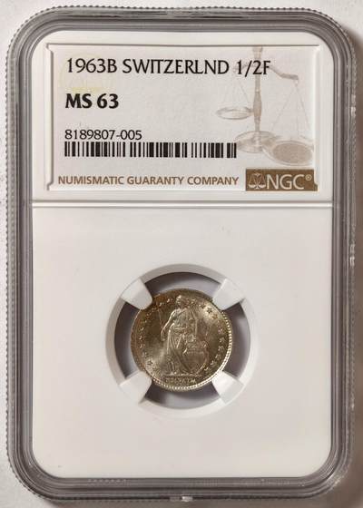 紫瑗钱币——第576期 - 瑞士 1963年 B版 赫尔维蒂亚 1/2法郎 银币 NGC MS63