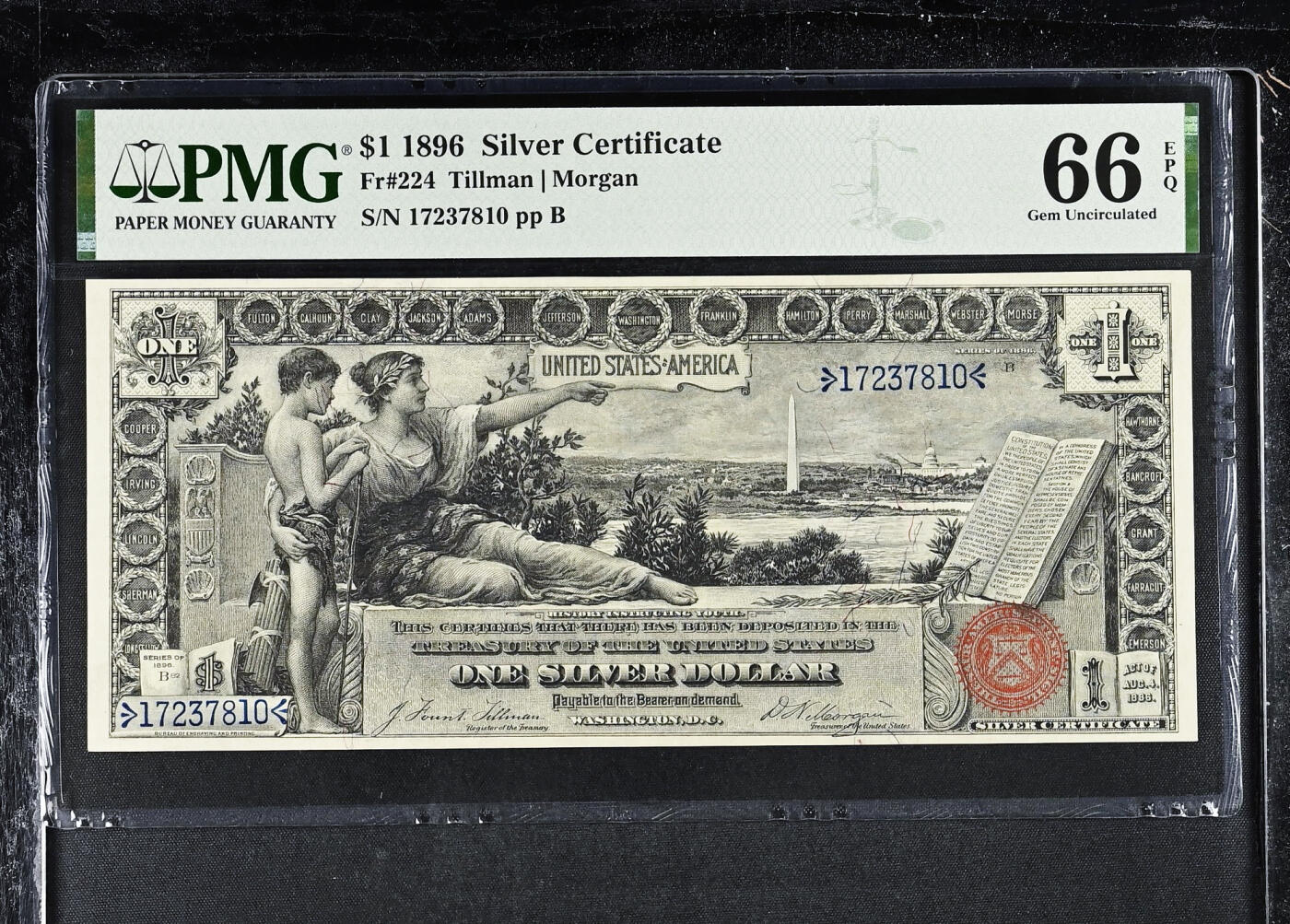 【Blue Auction】世界纸币精拍第635期【精】——16级TOP拍卖/信誉/品质/专业/高效💫  【亚军分】美国 1896年1美金 经典教育券 备受收藏家青睐 在鲍尔斯和桑德曼的著作《TOP100最伟大的美国纸币》中排名第7 正面是《历史教育青年》的大幅装饰图案 （在正面背景中可以看到华盛顿特区，华盛顿纪念碑、铸印局和美国国会大厦在背景中清晰可见）背面是华盛顿和第一夫人雕刻人像及纹饰 非常漂亮 PMG66EPQ 一步到位收藏级