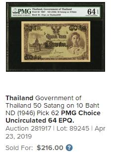 【Blue Auction】世界纸币精拍第635期【精】——16级TOP拍卖/信誉/品质/专业/高效💫 泰国 1946年10铢 小国王 老壳 PMG65EPQ 绝品少见