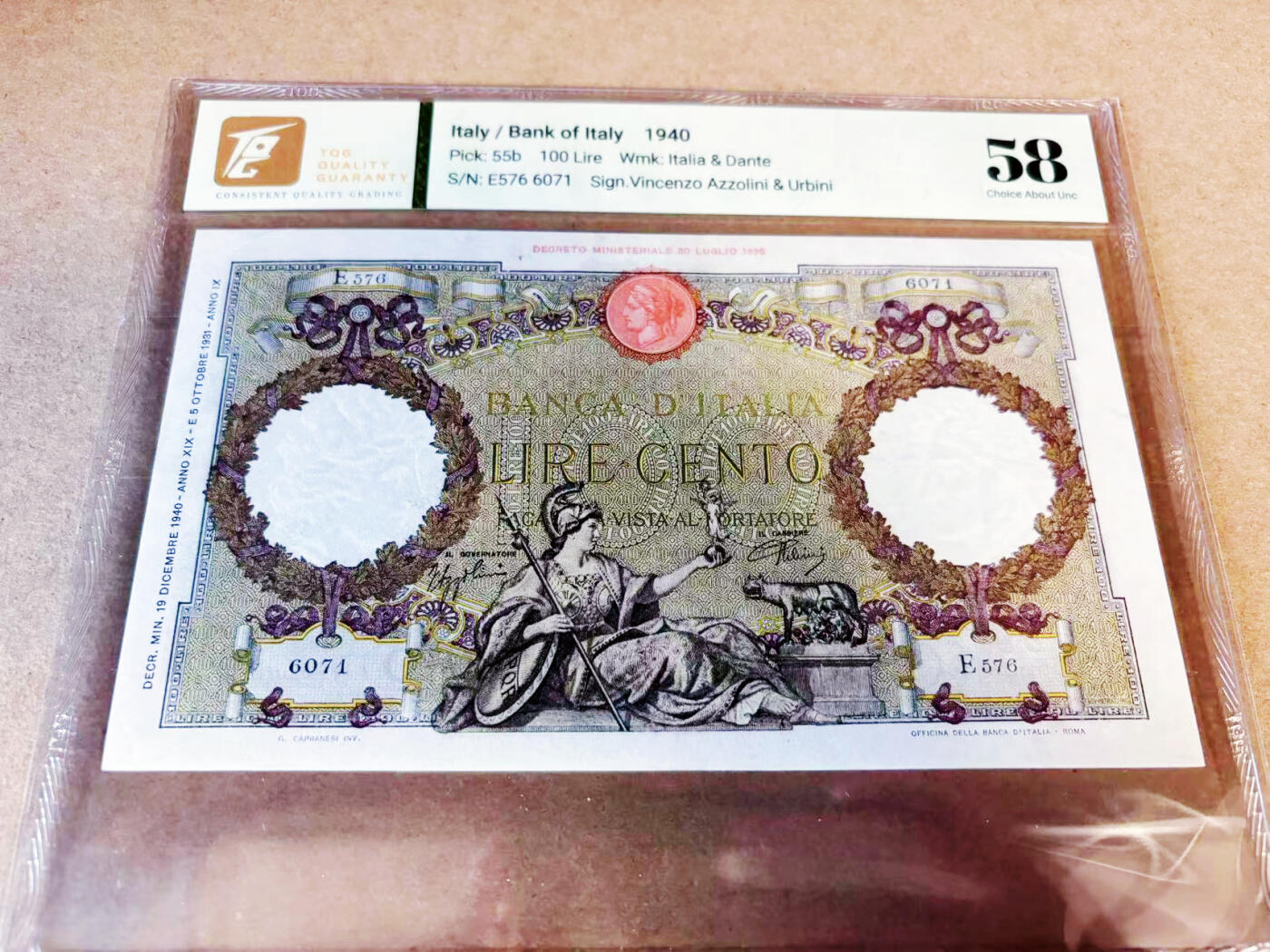 【Blue Auction】世界纸币精拍第635期【精】——16级TOP拍卖/信誉/品质/专业/高效💫 意大利 1940年100里拉 TQG58 设计精美 大票幅 