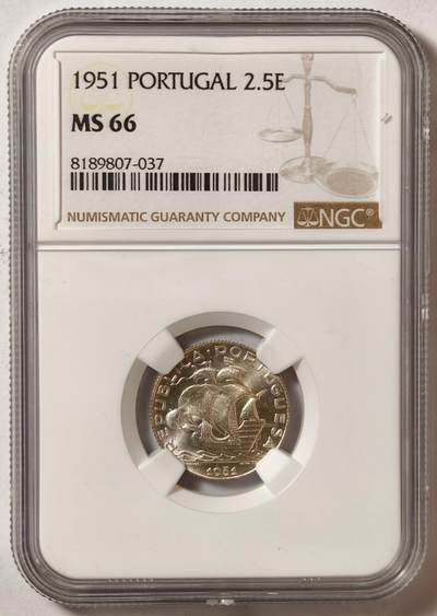 紫瑗钱币——第576期 -  葡萄牙 1951年 帆船 2.5埃斯库多 银币 NGC MS66