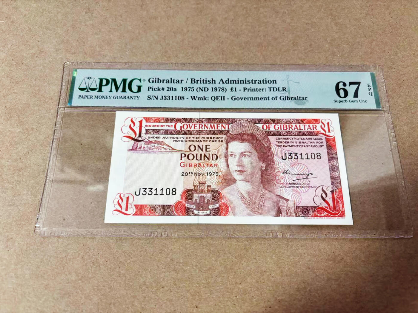 【Blue Auction】世界纸币精拍第635期【精】——16级TOP拍卖/信誉/品质/专业/高效💫 【无47】直布罗陀 1975年1镑 高冠女王 PMG67EPQ 高分