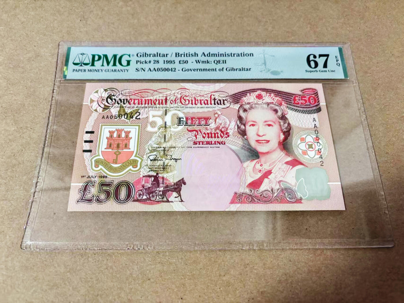【Blue Auction】世界纸币精拍第635期【精】——16级TOP拍卖/信誉/品质/专业/高效💫 【初版AA冠】直布罗陀 1995年50镑 丘吉尔  PMG67EPQ 高分